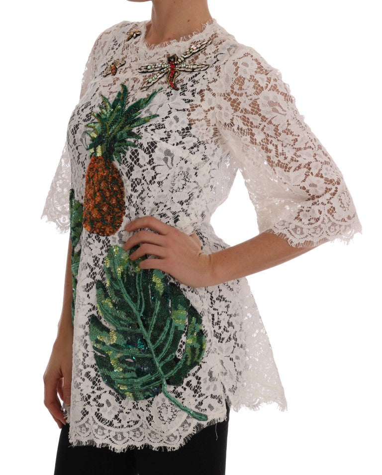 Dolce &amp; Gabbana White Crystal Embellished Lace Blouse