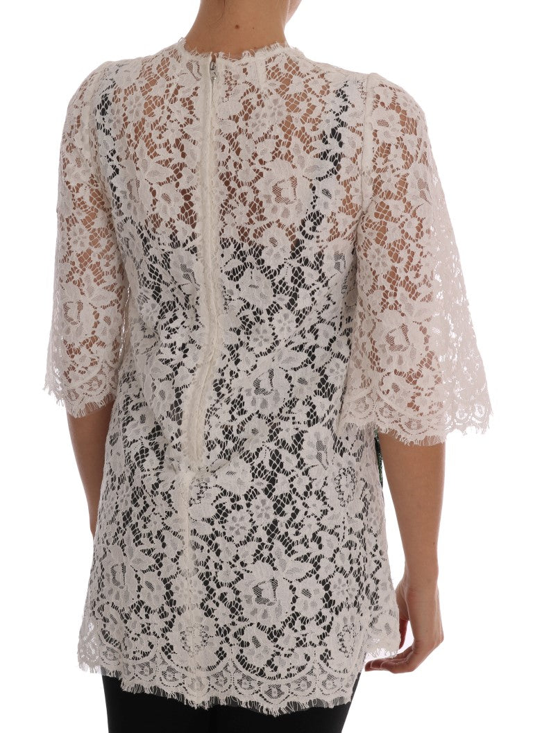 Dolce &amp; Gabbana White Crystal Embellished Lace Blouse