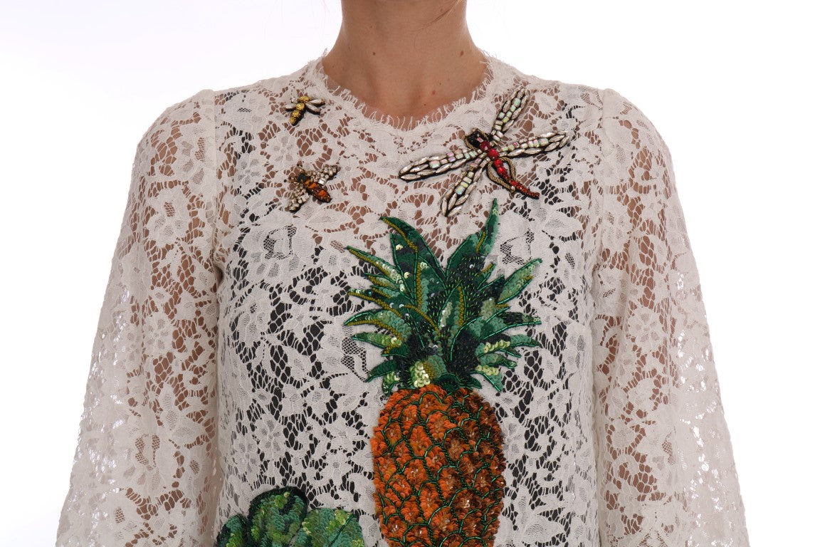 Dolce &amp; Gabbana White Crystal Embellished Lace Blouse