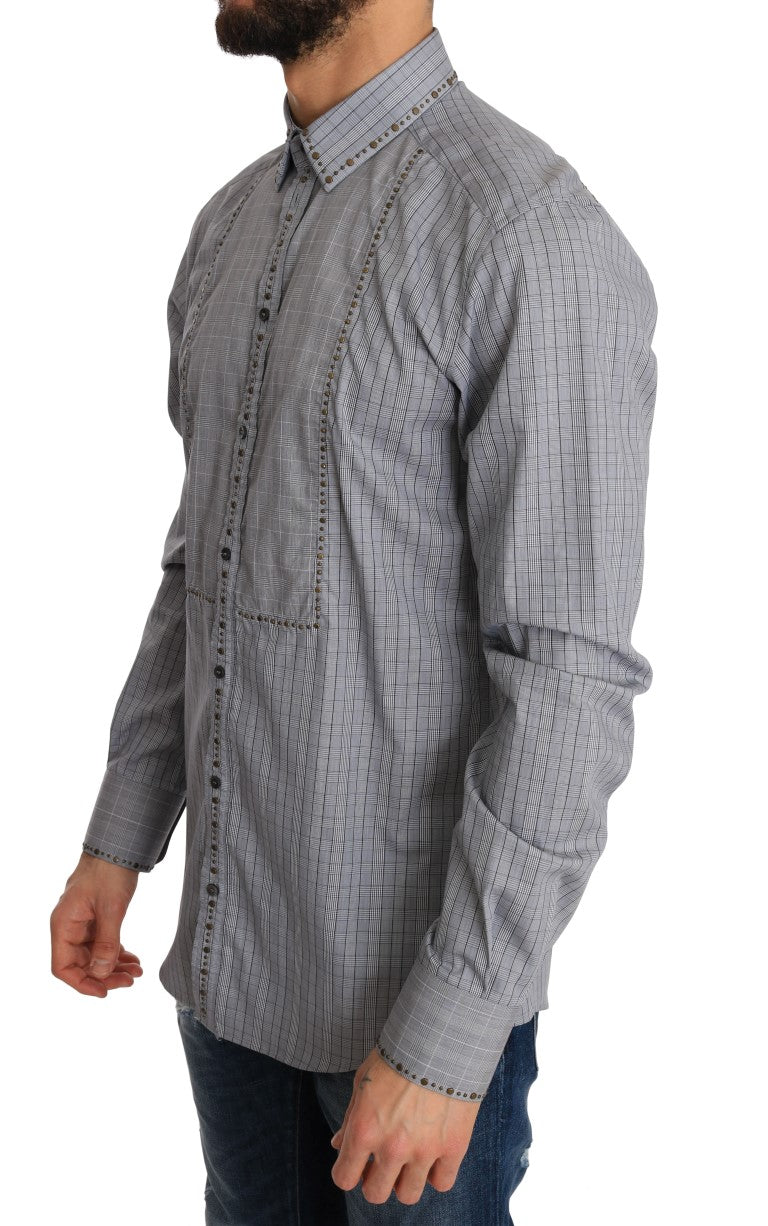 Dolce &amp; Gabbana Gray Check GOLD Cotton Slim Fit Shirt