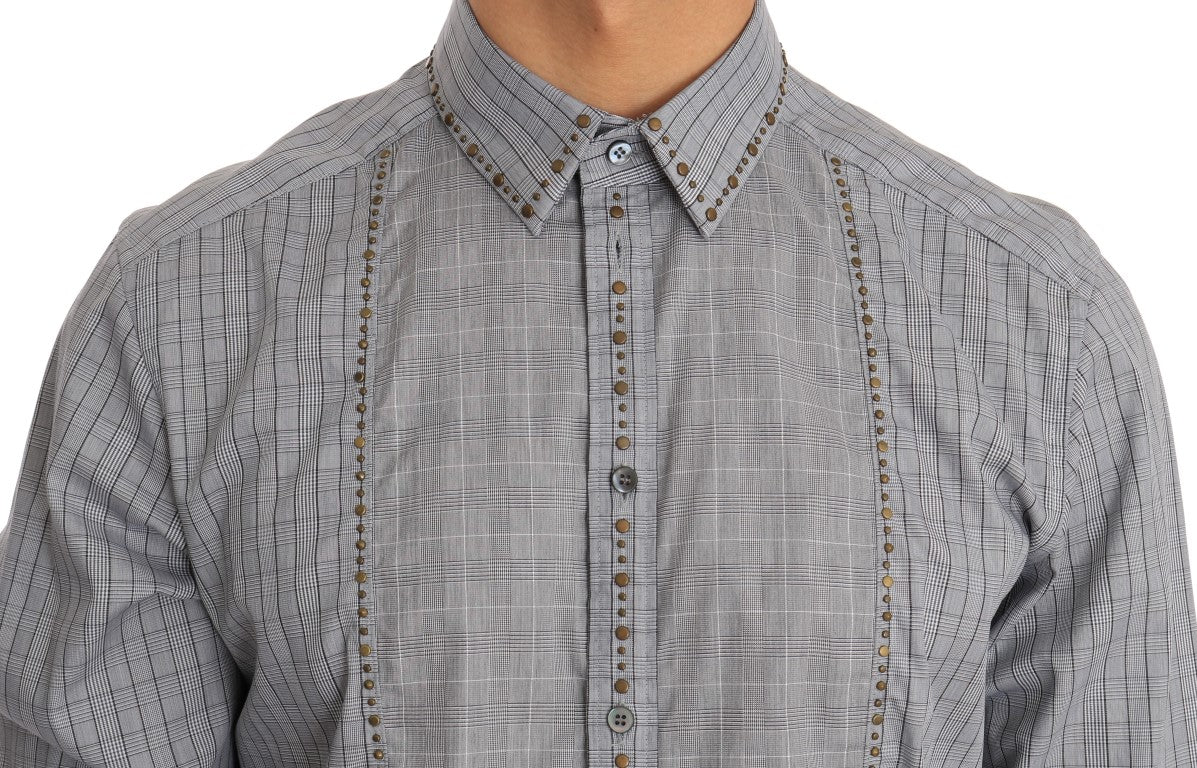Dolce &amp; Gabbana Gray Check GOLD Cotton Slim Fit Shirt