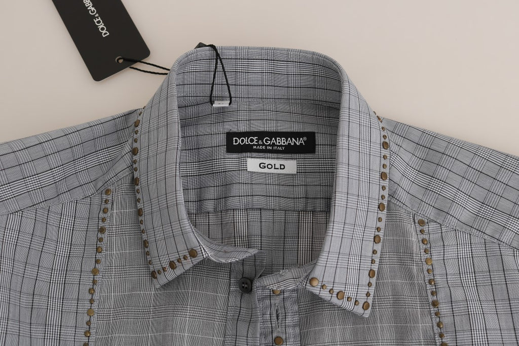 Dolce &amp; Gabbana Gray Check GOLD Cotton Slim Fit Shirt