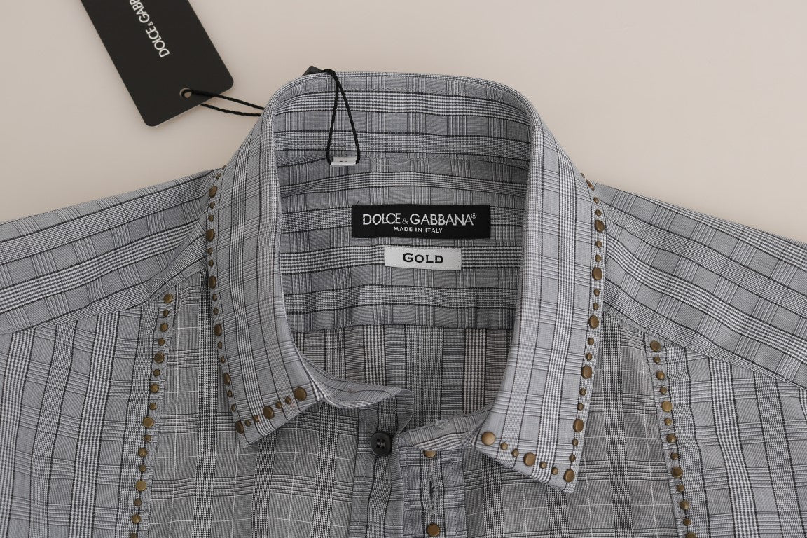 Dolce &amp; Gabbana Gray Check GOLD Cotton Slim Fit Shirt