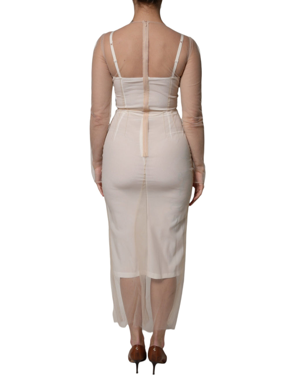 Dolce &amp; Gabbana White Sheer Tulle Bustier Bodycon Midi Dress