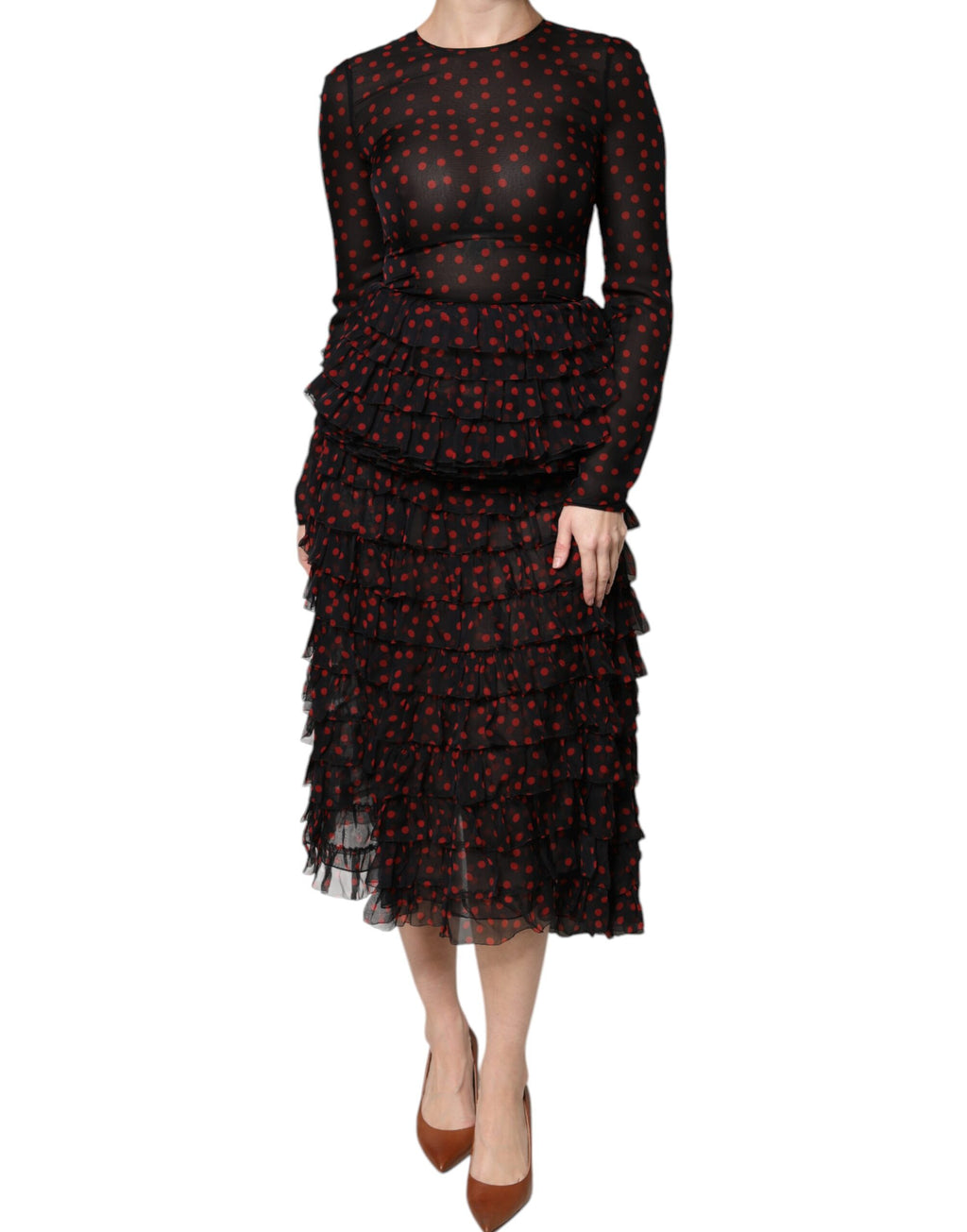Dolce &amp; Gabbana Black Red Polka Dot Silk Layered Midi Dress
