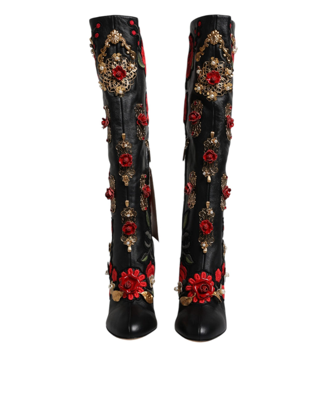 Dolce &amp; Gabbana Black Roses Embellished Leather Heel Boots Shoes