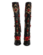 Dolce &amp; Gabbana Black Roses Embellished Leather Heel Boots Shoes