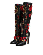 Dolce &amp; Gabbana Black Roses Embellished Leather Heel Boots Shoes