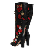 Dolce &amp; Gabbana Black Roses Embellished Leather Heel Boots Shoes