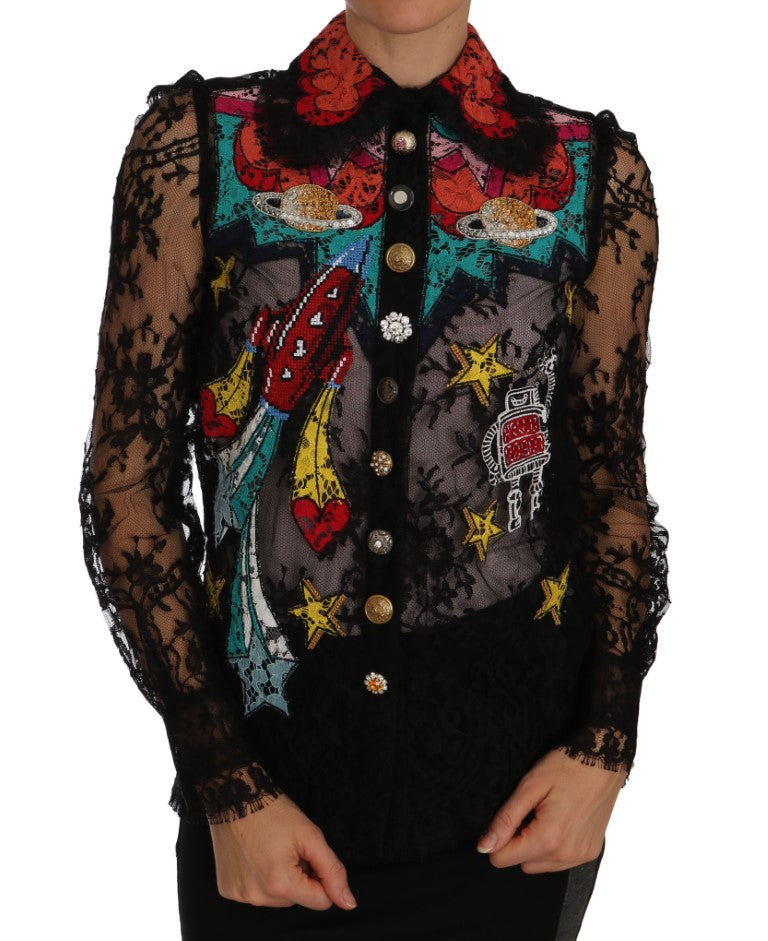 Dolce &amp; Gabbana Black Lace Crystal SPACE Shirt