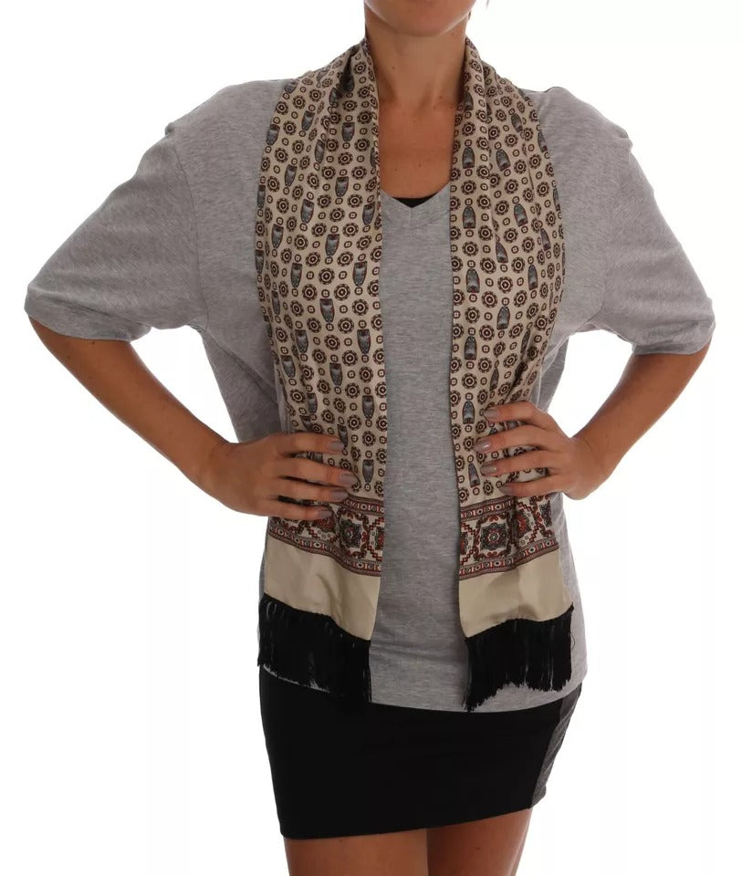 Dolce &amp; Gabbana Gray Cotton Owl Silk Scarf Top T-shirt