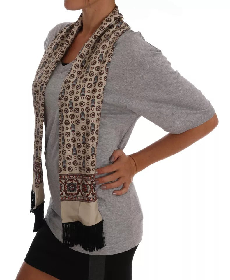 Dolce &amp; Gabbana Gray Cotton Owl Silk Scarf Top T-shirt