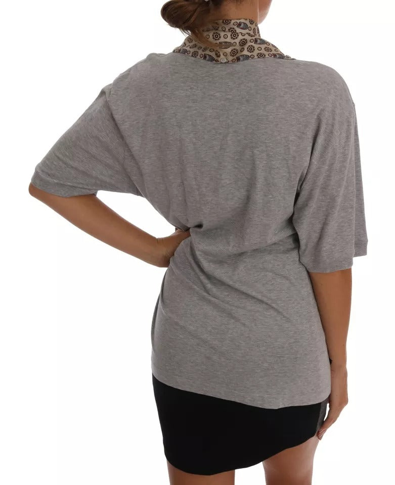 Dolce &amp; Gabbana Gray Cotton Owl Silk Scarf Top T-shirt