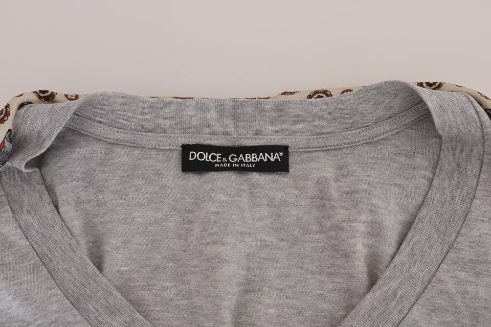 Dolce &amp; Gabbana Gray Cotton Owl Silk Scarf Top T-shirt