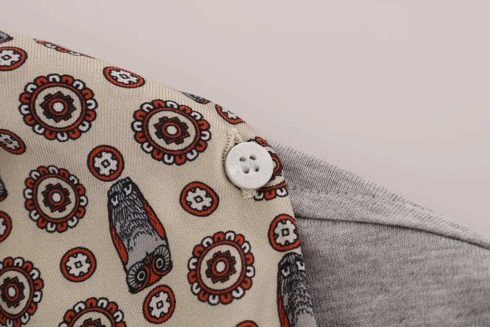 Dolce &amp; Gabbana Gray Cotton Owl Silk Scarf Top T-shirt