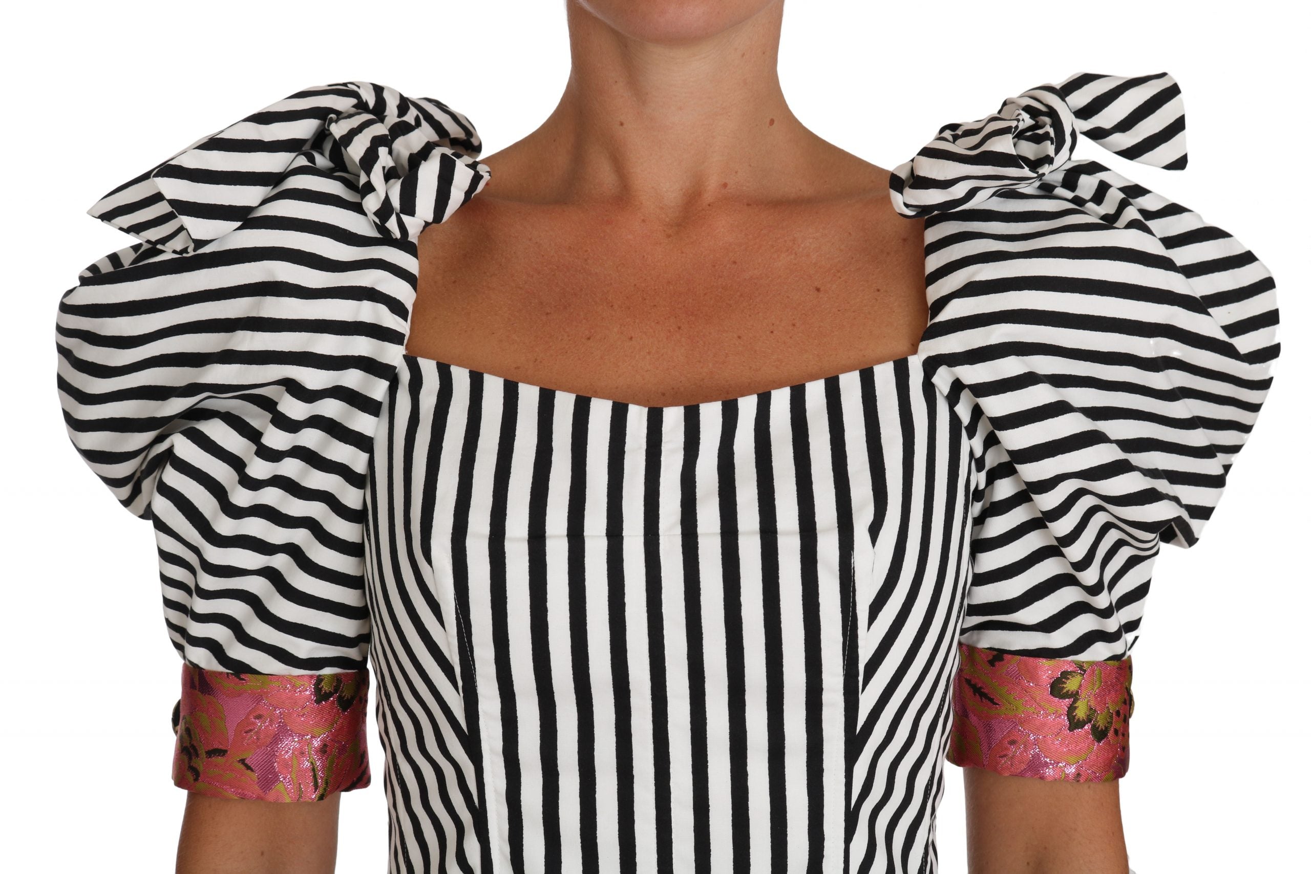 Dolce &amp; Gabbana White Black Striped Cropped Top Puff Sleeve Shirts