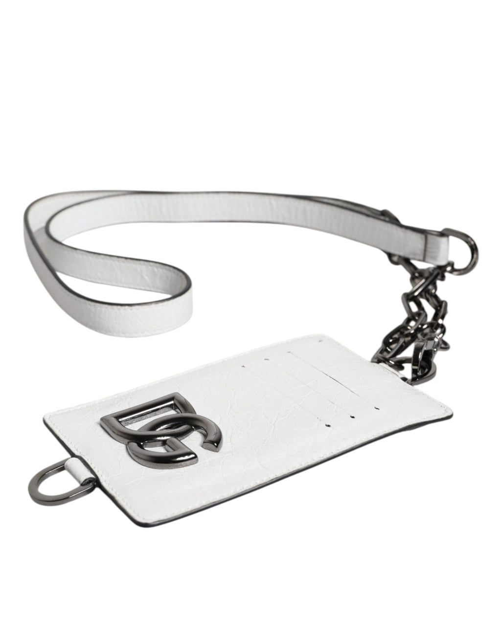 Dolce &amp; Gabbana White Calf Leather Lanyard Logo Card Holder Wallet