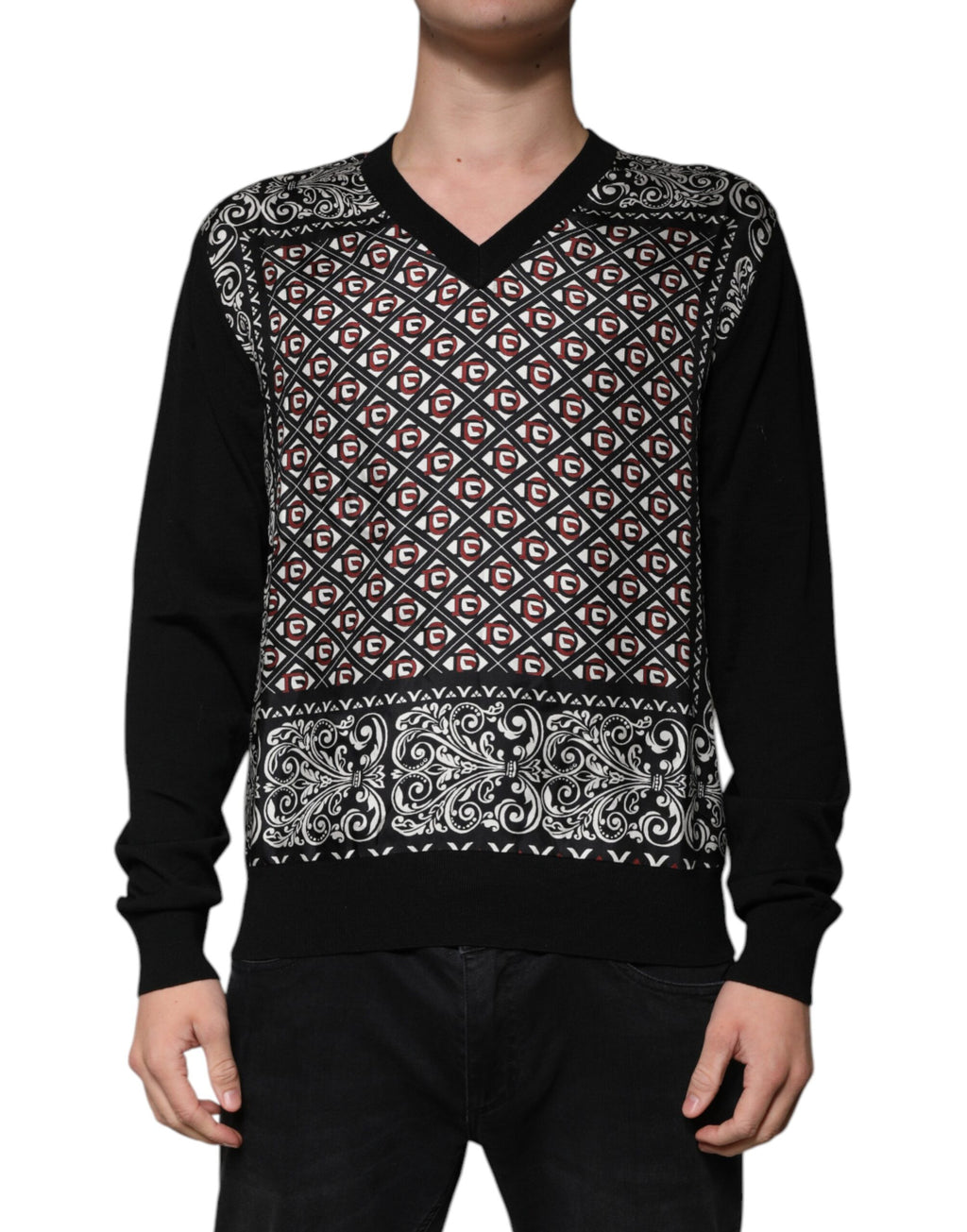 Dolce &amp; Gabbana Black Logo Wool V-neck Pullover Sweater