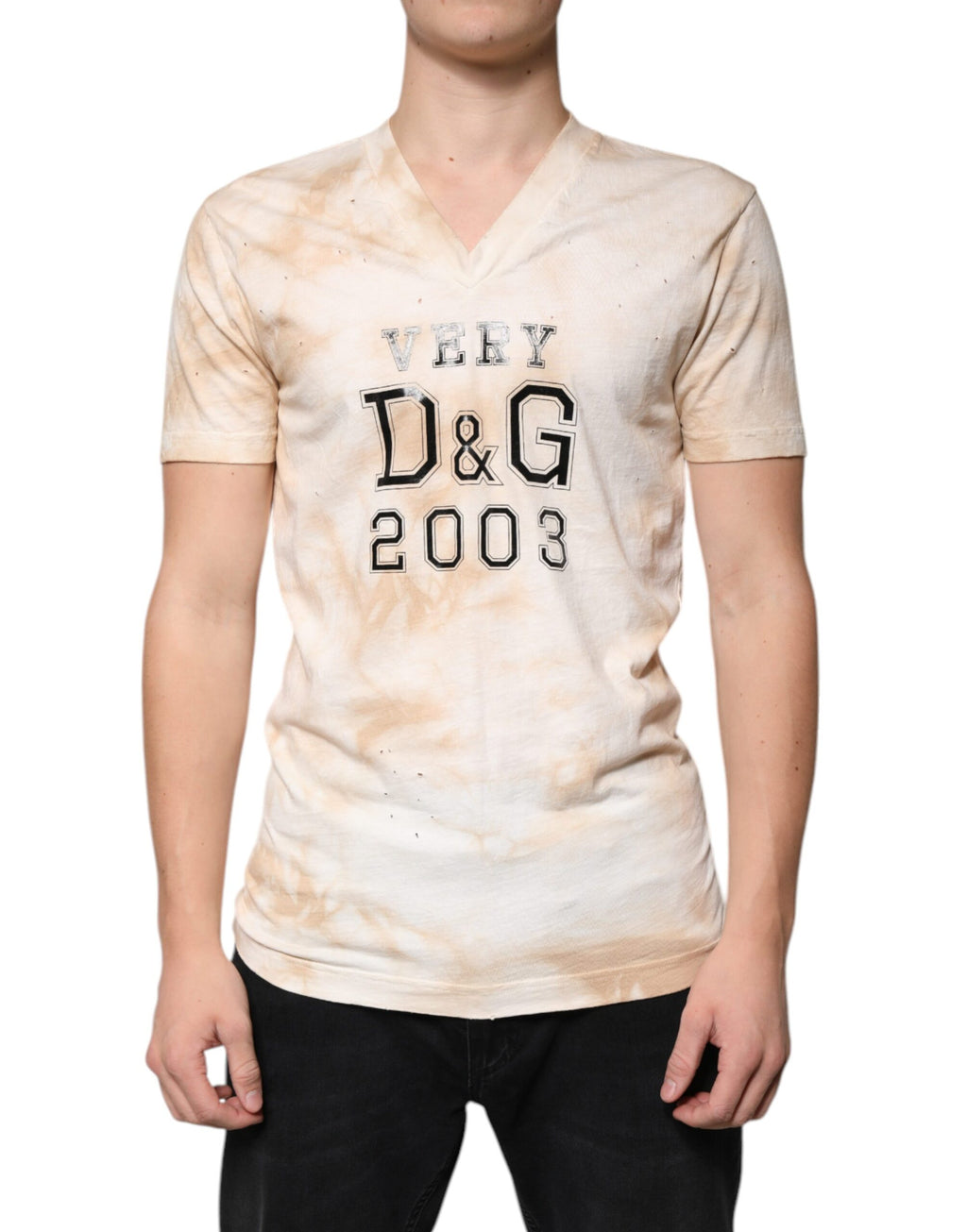 Dolce &amp; Gabbana Beige Graphic Print Cotton V-neck T-shirt