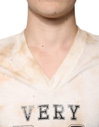Dolce &amp; Gabbana Beige Graphic Print Cotton V-neck T-shirt