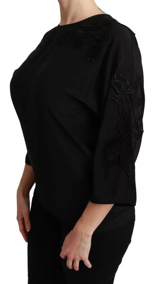 Dolce &amp; Gabbana Black Floral Embroidered Blouse Silk Top