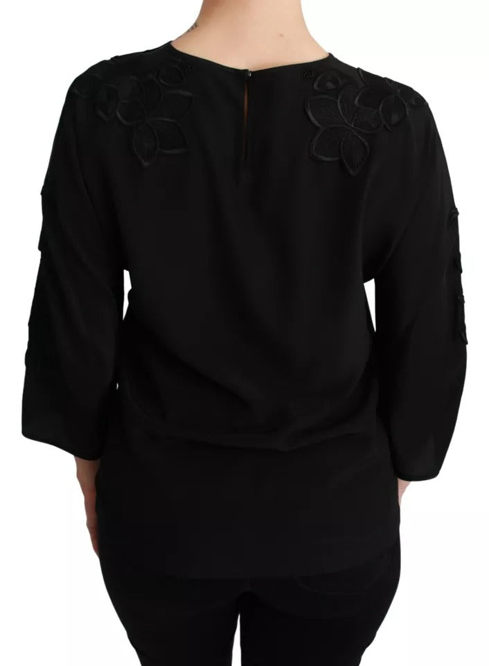 Dolce &amp; Gabbana Black Floral Embroidered Blouse Silk Top