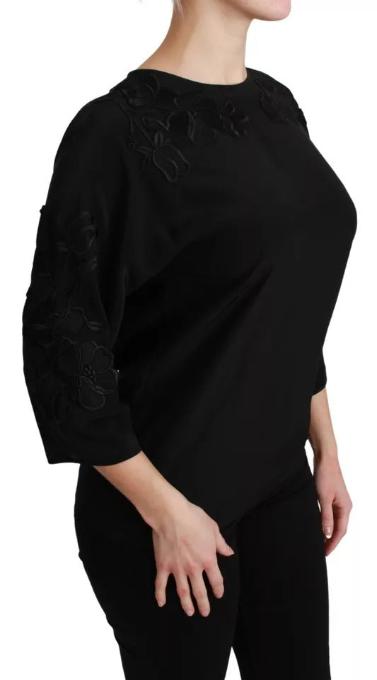Dolce &amp; Gabbana Black Floral Embroidered Blouse Silk Top