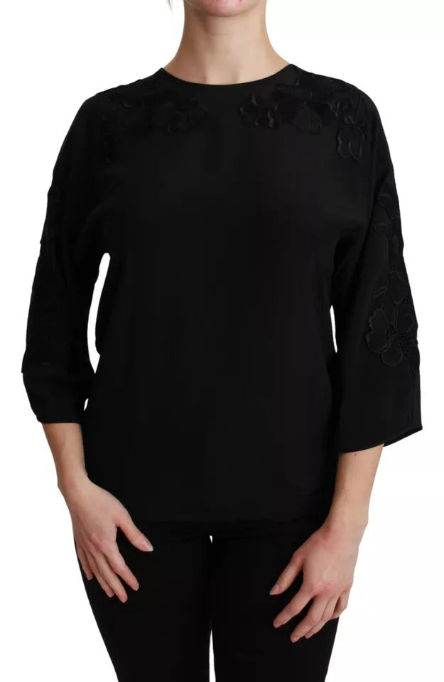 Dolce &amp; Gabbana Black Floral Embroidered Blouse Silk Top