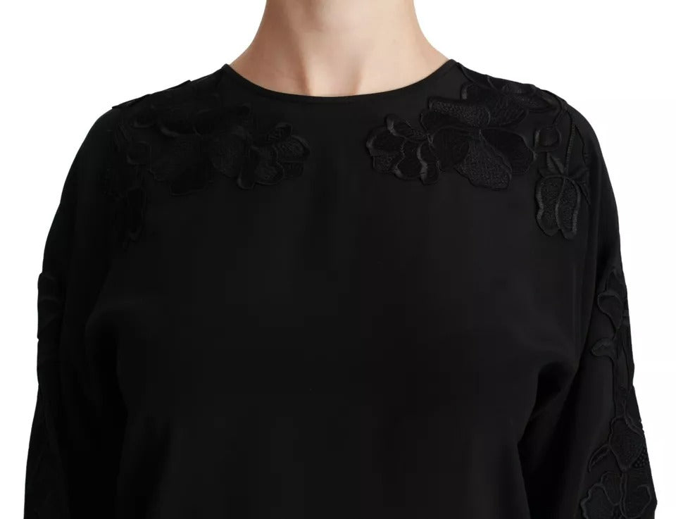 Dolce &amp; Gabbana Black Floral Embroidered Blouse Silk Top