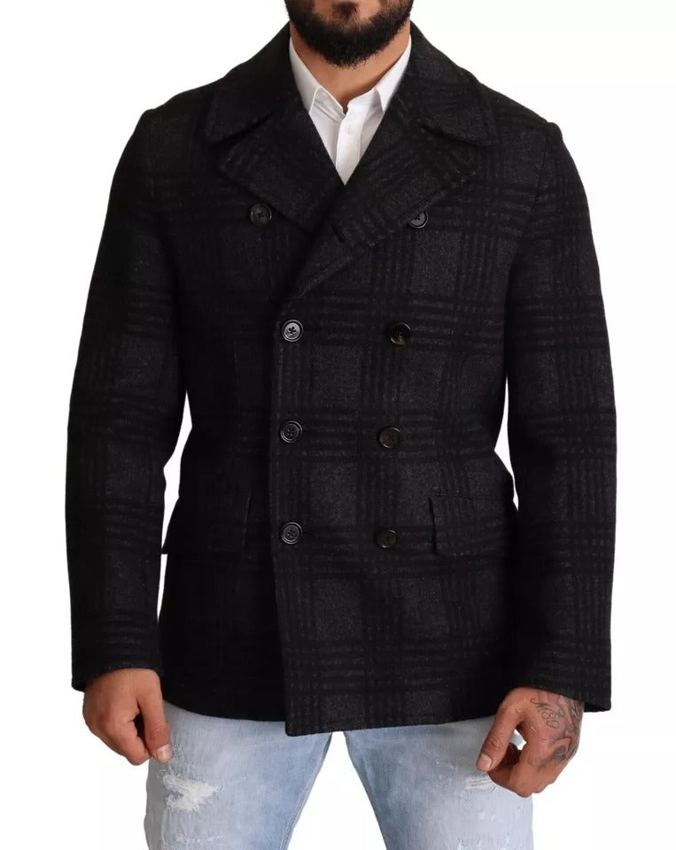 Dolce &amp; Gabbana Black Trench Coat Check Wool Jacket
