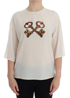 Dolce &amp; Gabbana White Sequined Key Silk Blouse T-shirt Top