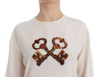 Dolce &amp; Gabbana White Sequined Key Silk Blouse T-shirt Top