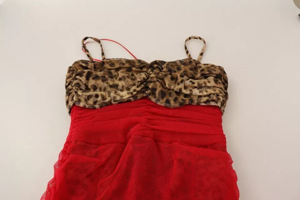 Dolce &amp; Gabbana Brown Leopard Red Tulle Sheath Midi Dress