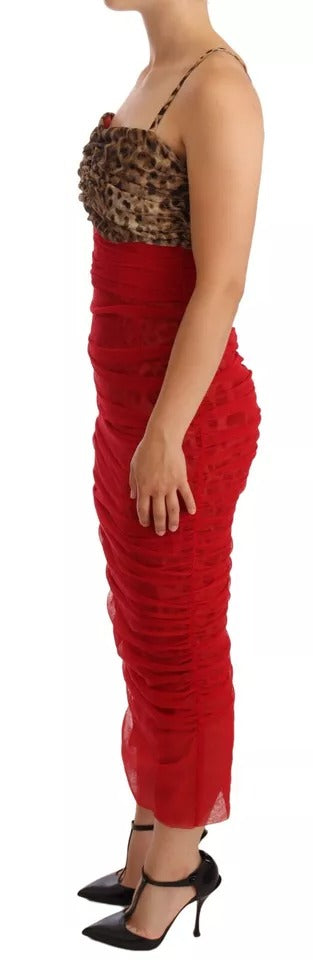 Dolce &amp; Gabbana Brown Leopard Red Tulle Sheath Midi Dress