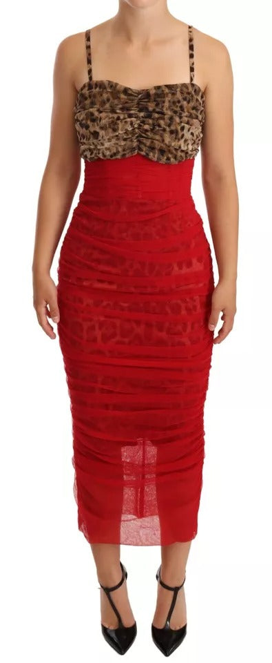 Dolce &amp; Gabbana Brown Leopard Red Tulle Sheath Midi Dress