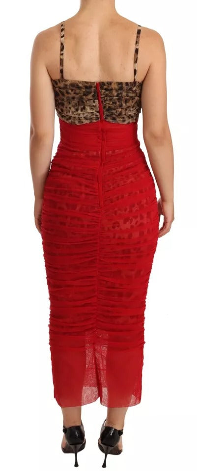 Dolce &amp; Gabbana Brown Leopard Red Tulle Sheath Midi Dress