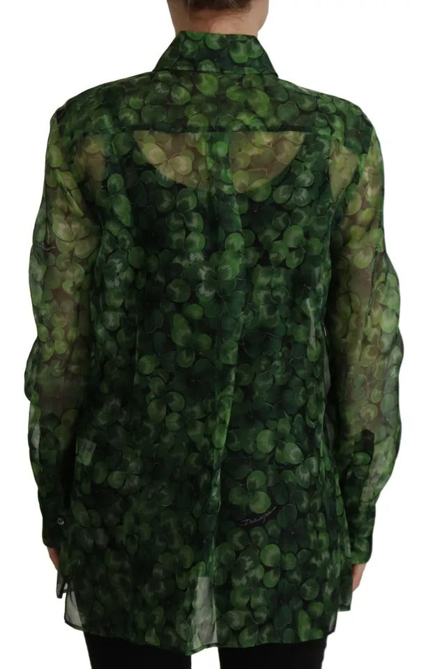 Dolce &amp; Gabbana Green Clover Print Long Sleeves Collared Top Blouse