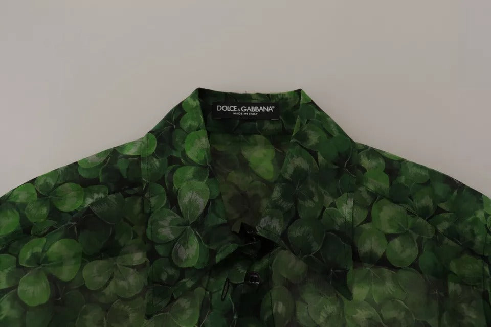 Dolce &amp; Gabbana Green Clover Print Long Sleeves Collared Top Blouse
