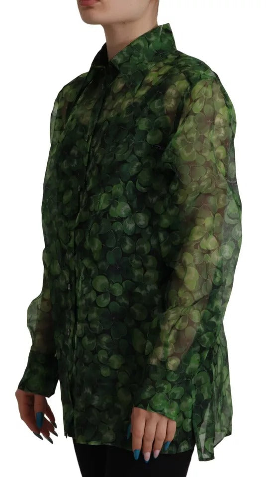 Dolce &amp; Gabbana Green Clover Print Long Sleeves Collared Top Blouse