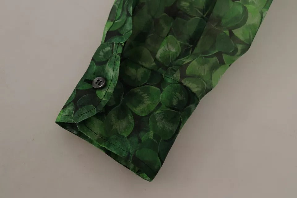 Dolce &amp; Gabbana Green Clover Print Long Sleeves Collared Top Blouse