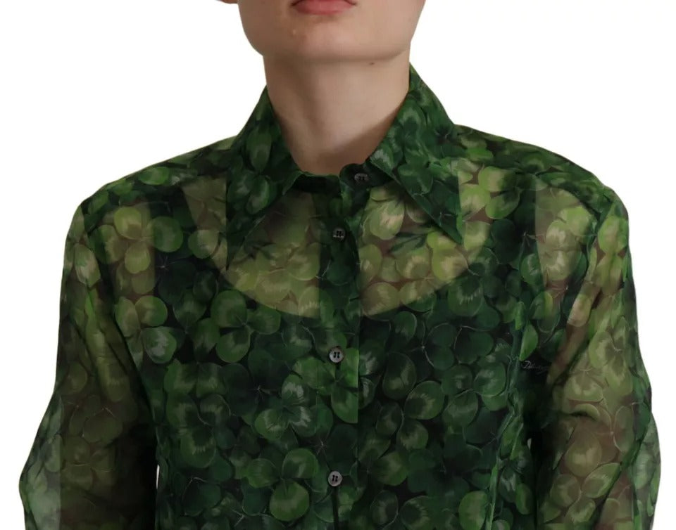 Dolce &amp; Gabbana Green Clover Print Long Sleeves Collared Top Blouse
