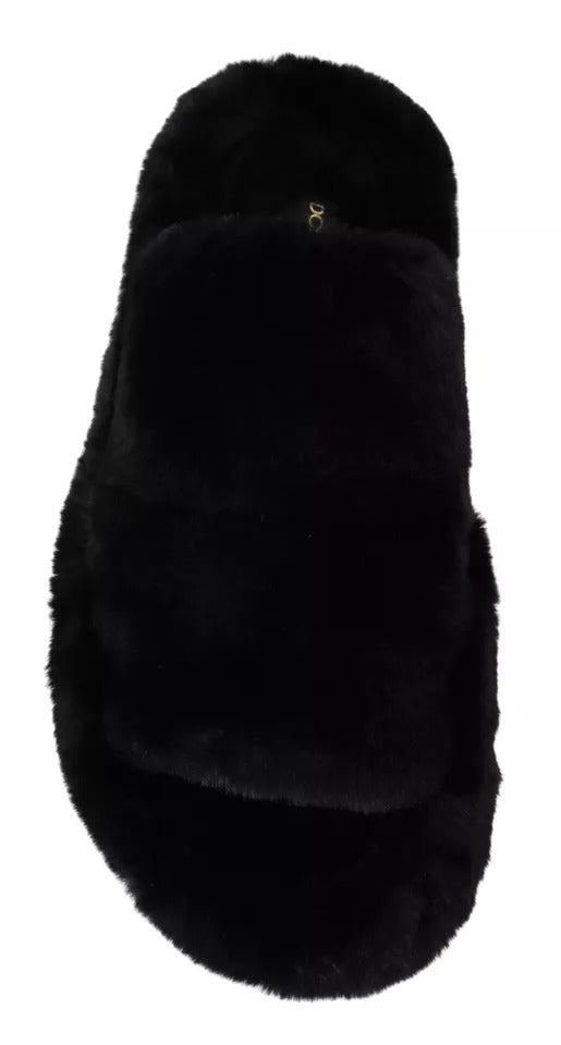 Dolce &amp; Gabbana Black Polyester Faux Fur Mens Flats Sandals Shoes