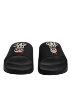 Dolce &amp; Gabbana Black Leather Slides Sandals Beachwear Shoes