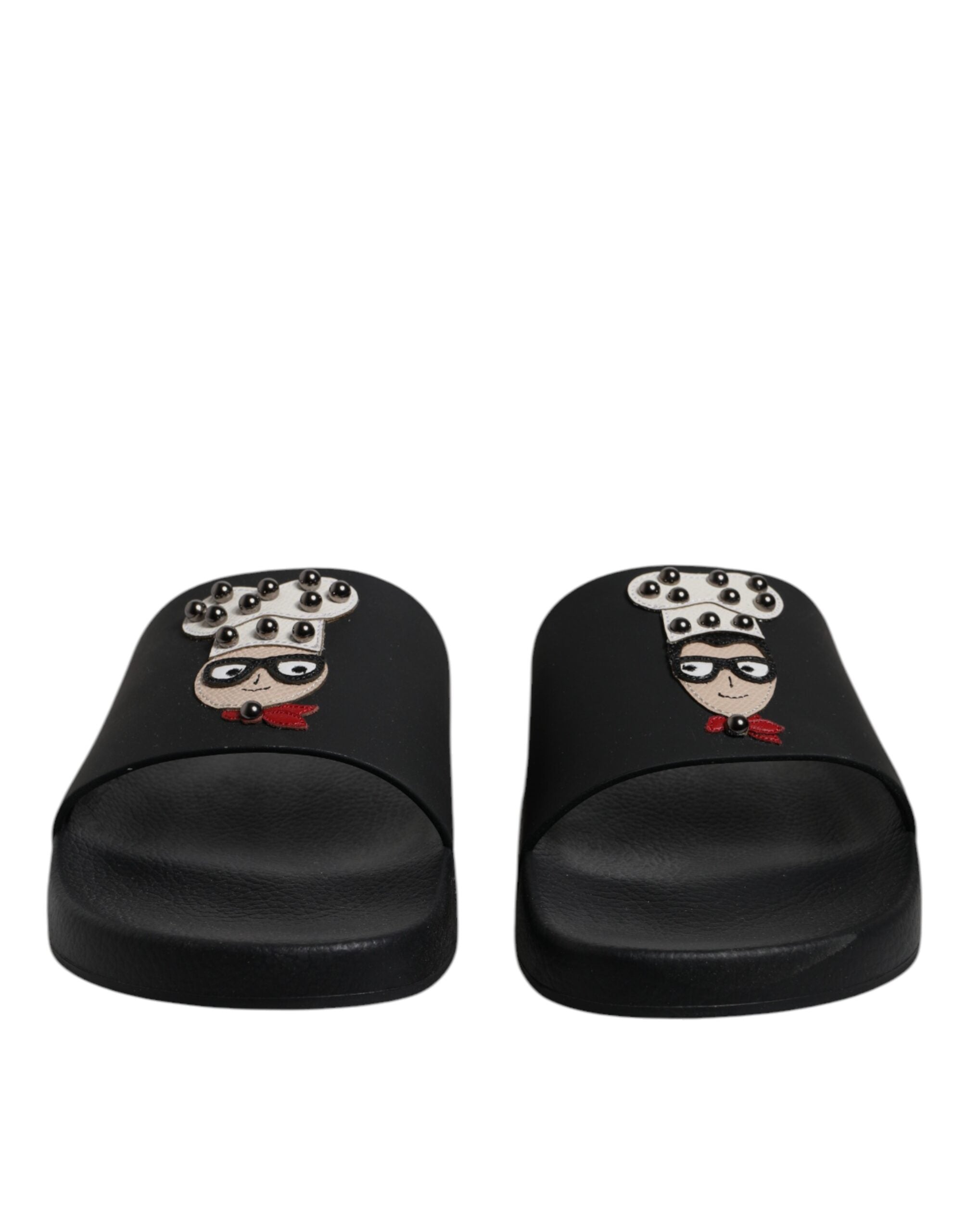Dolce &amp; Gabbana Black Leather Slides Sandals Beachwear Shoes