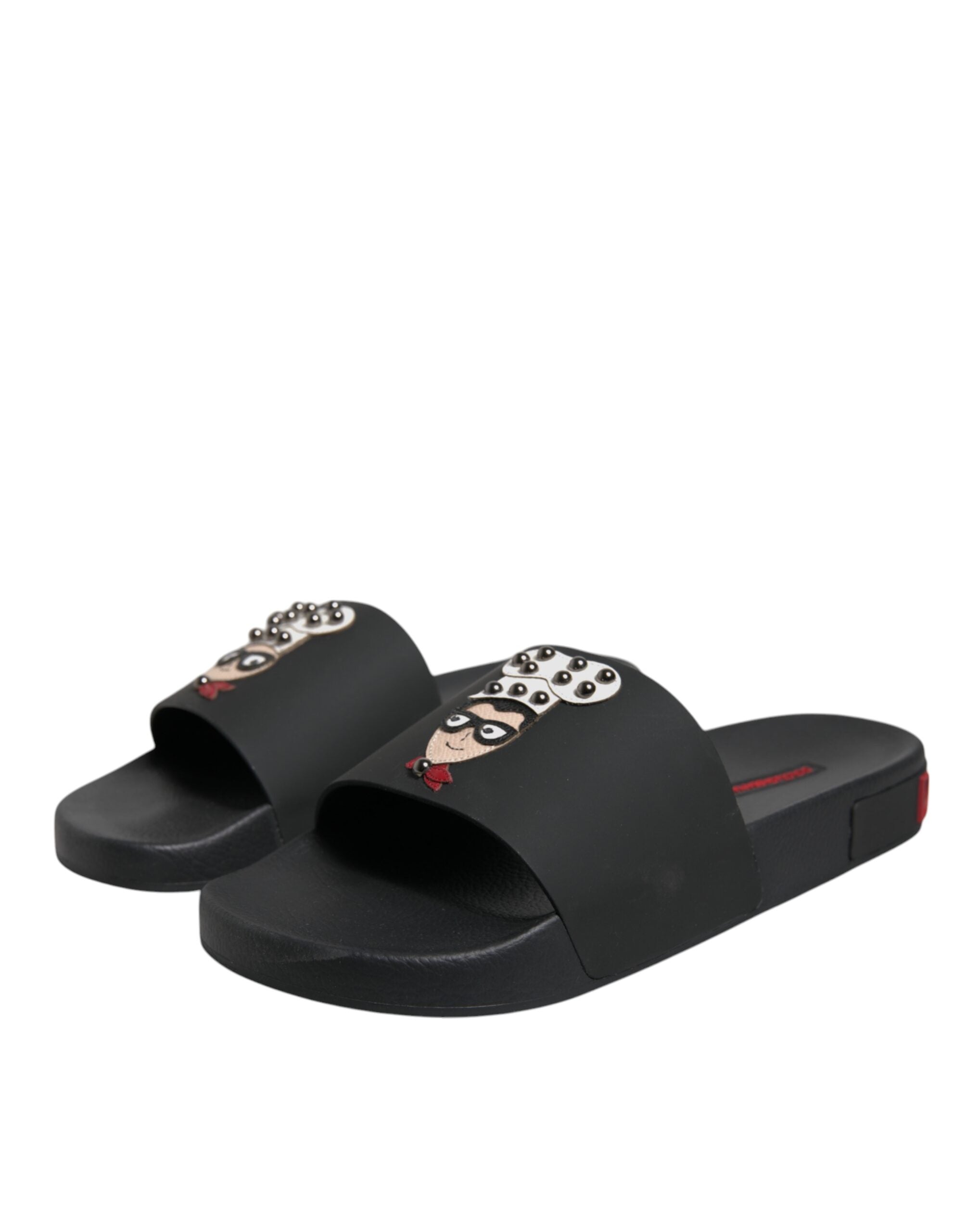 Dolce &amp; Gabbana Black Leather Slides Sandals Beachwear Shoes
