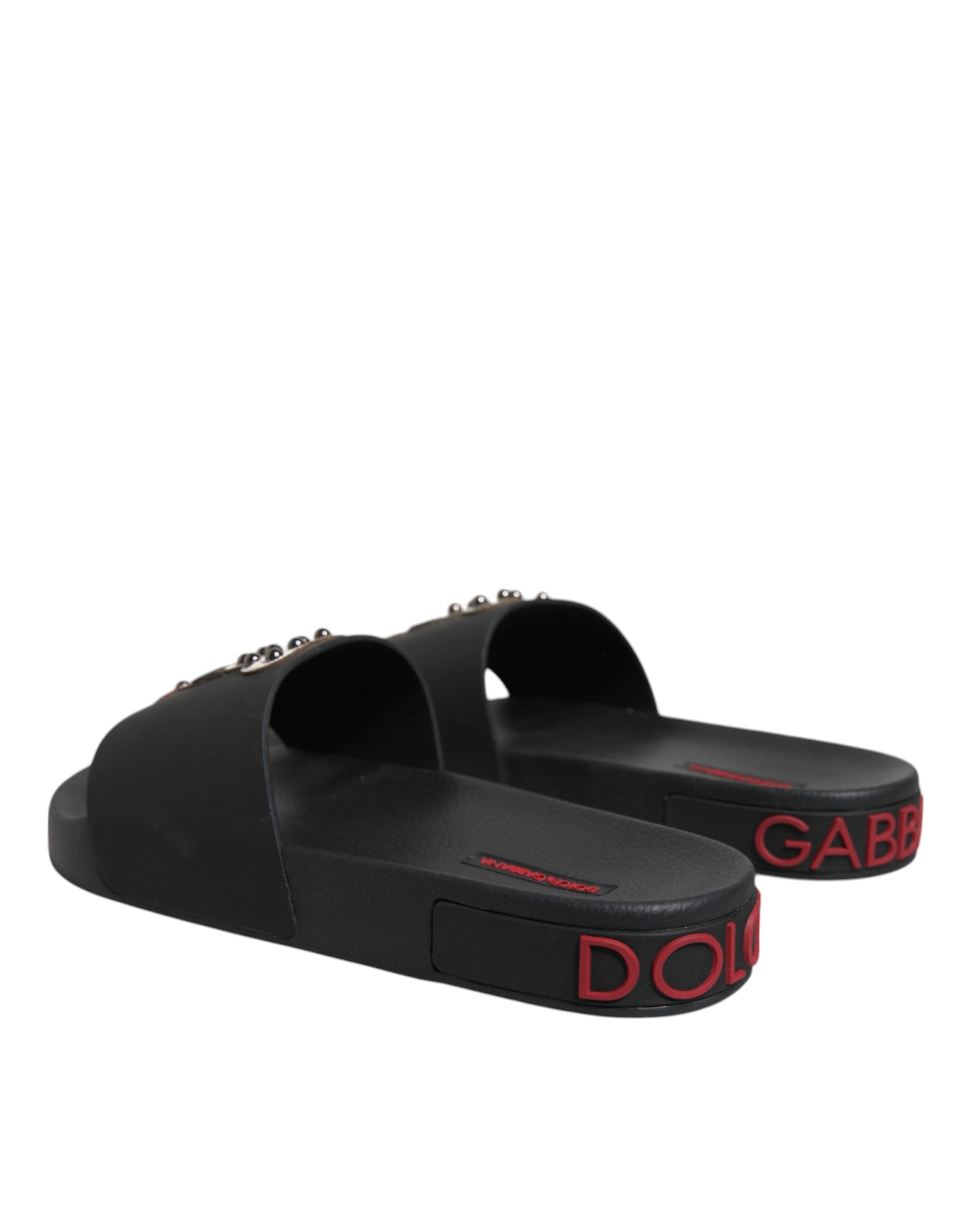 Dolce &amp; Gabbana Black Leather Slides Sandals Beachwear Shoes