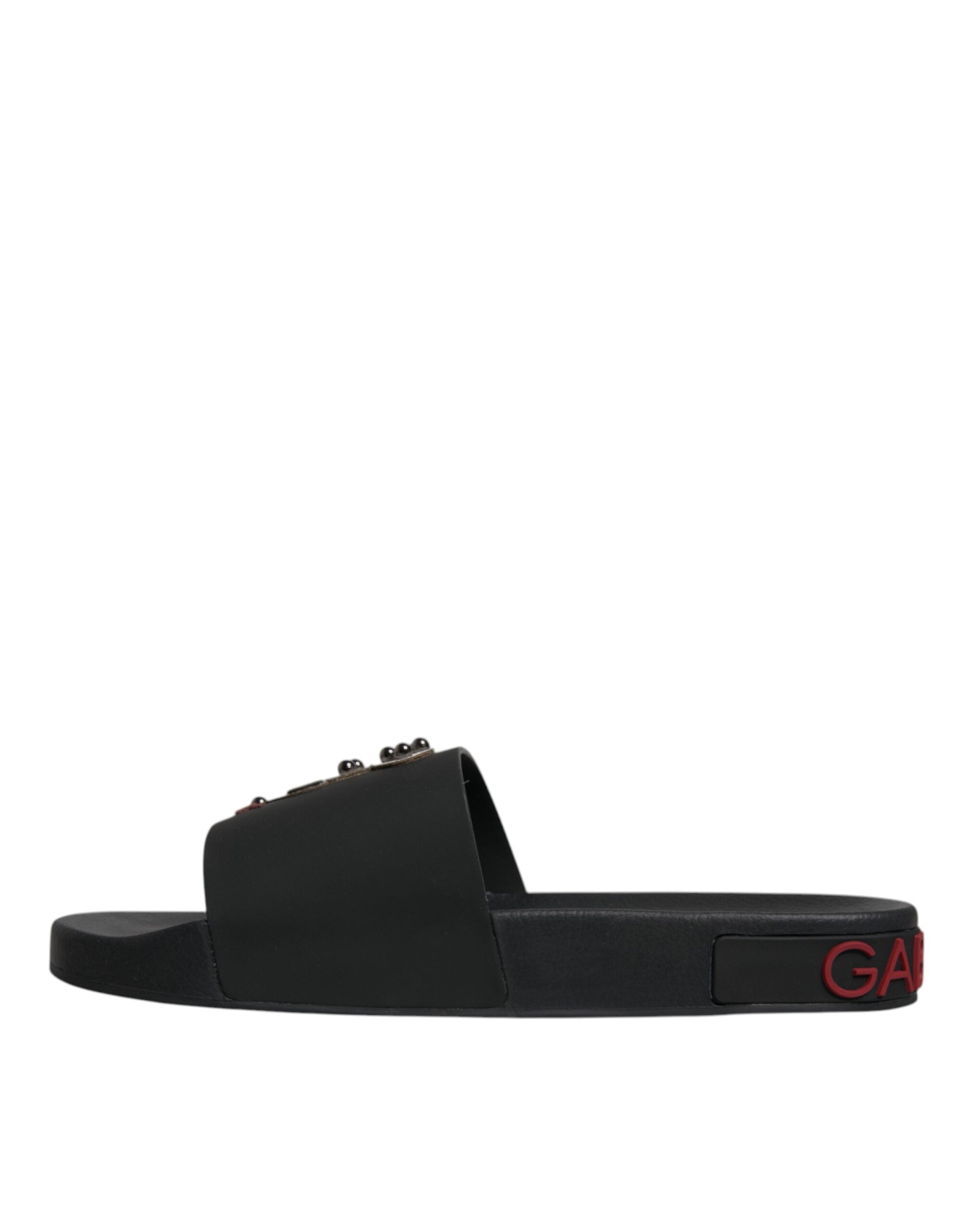 Dolce &amp; Gabbana Black Leather Slides Sandals Beachwear Shoes