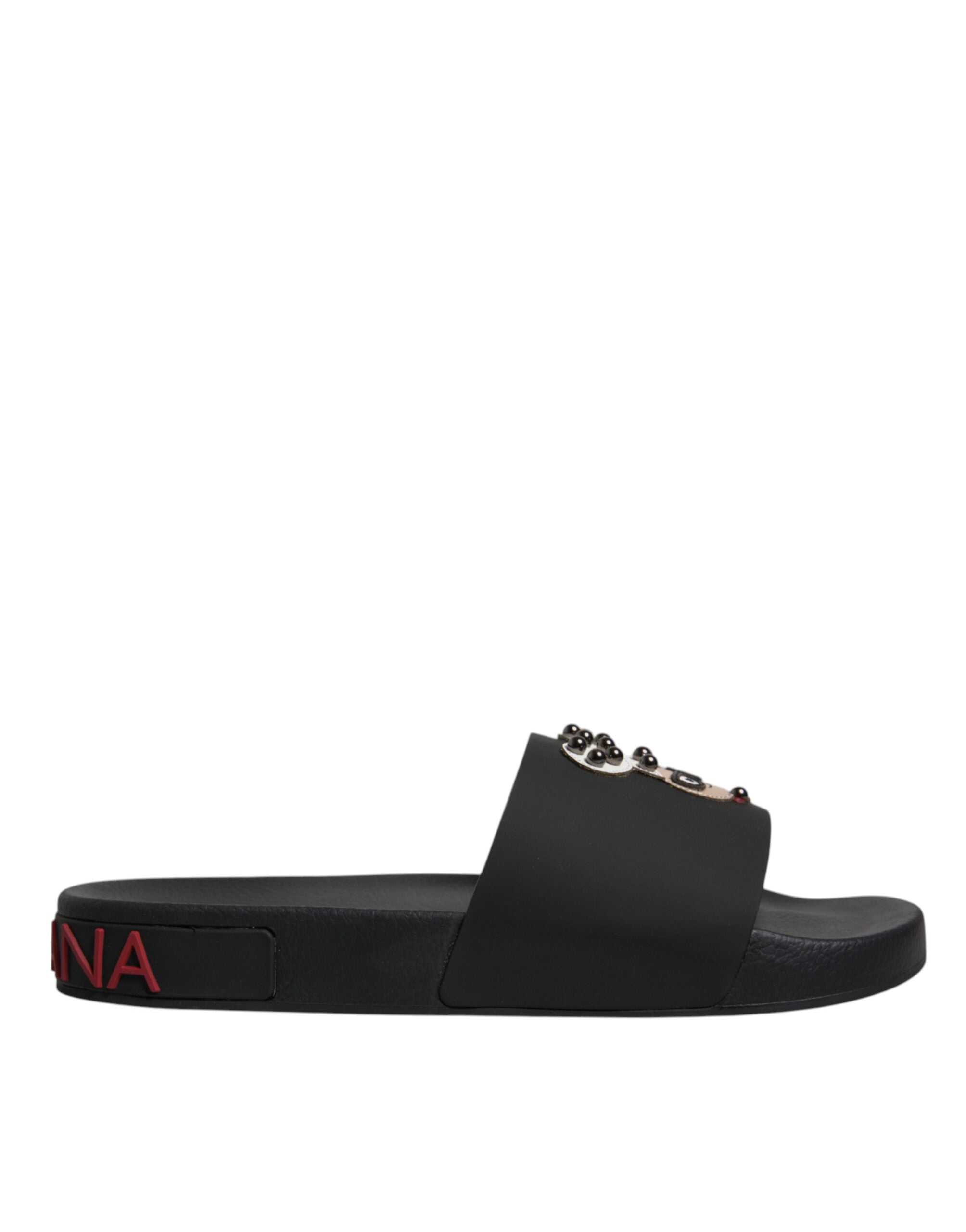 Dolce &amp; Gabbana Black Leather Slides Sandals Beachwear Shoes