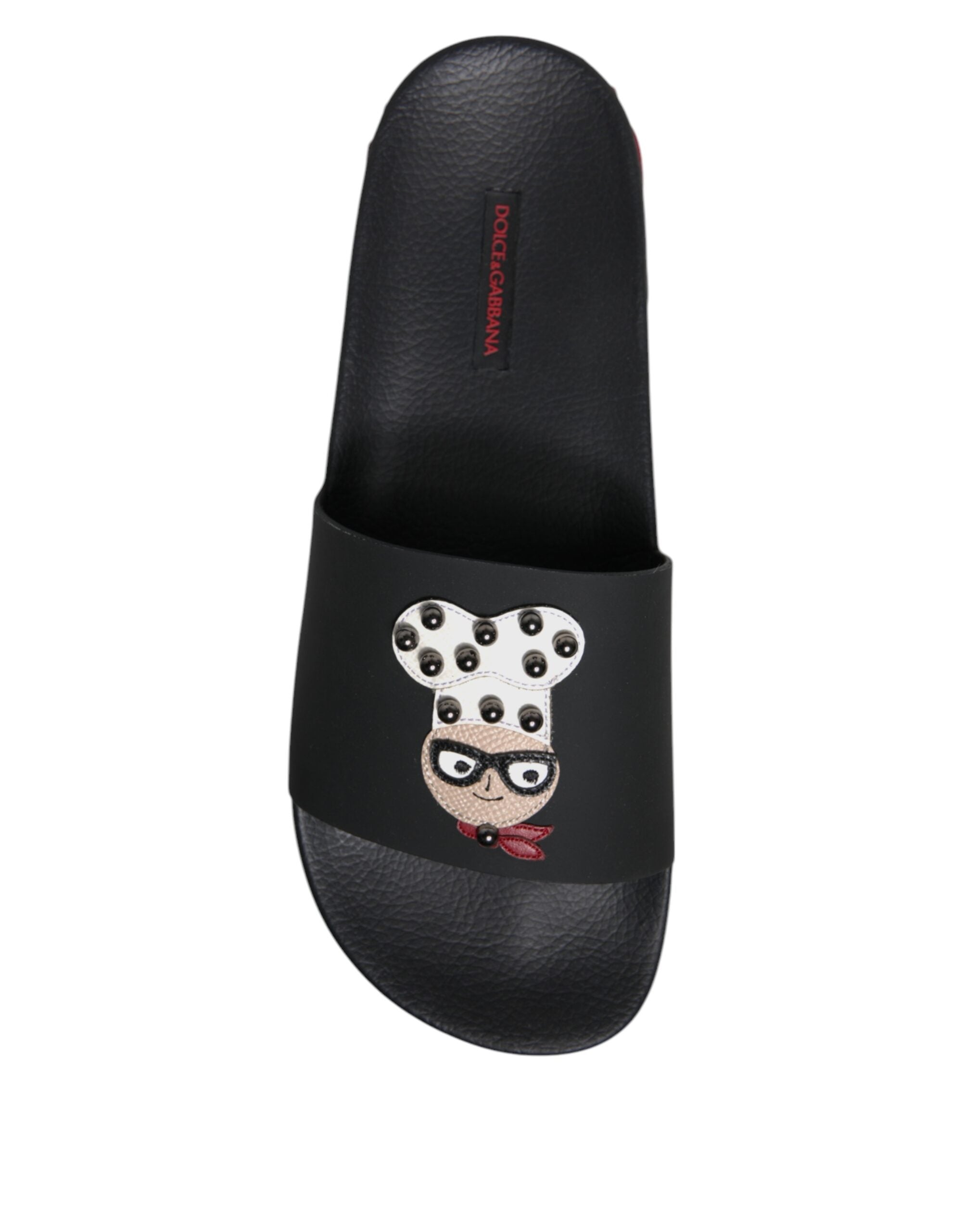 Dolce &amp; Gabbana Black Leather Slides Sandals Beachwear Shoes