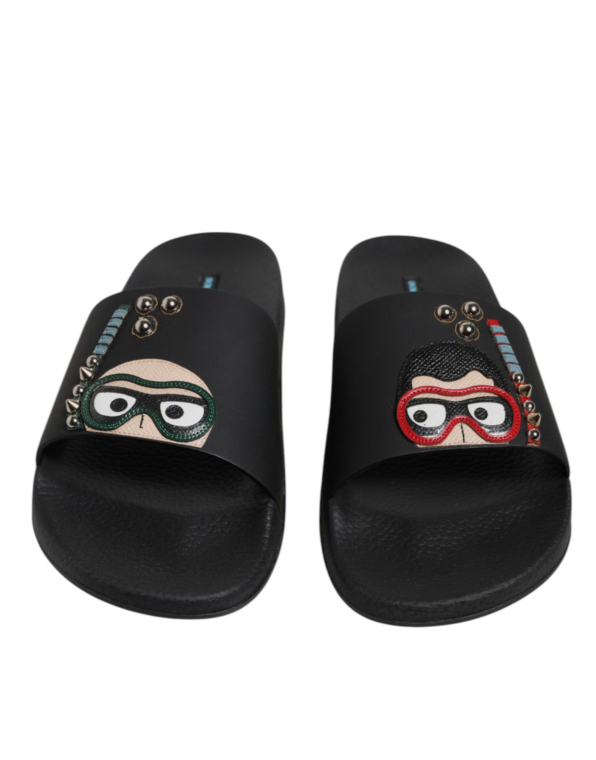 Dolce &amp; Gabbana Black Divers Leather Flats Slides Sandals Beachwear Shoes